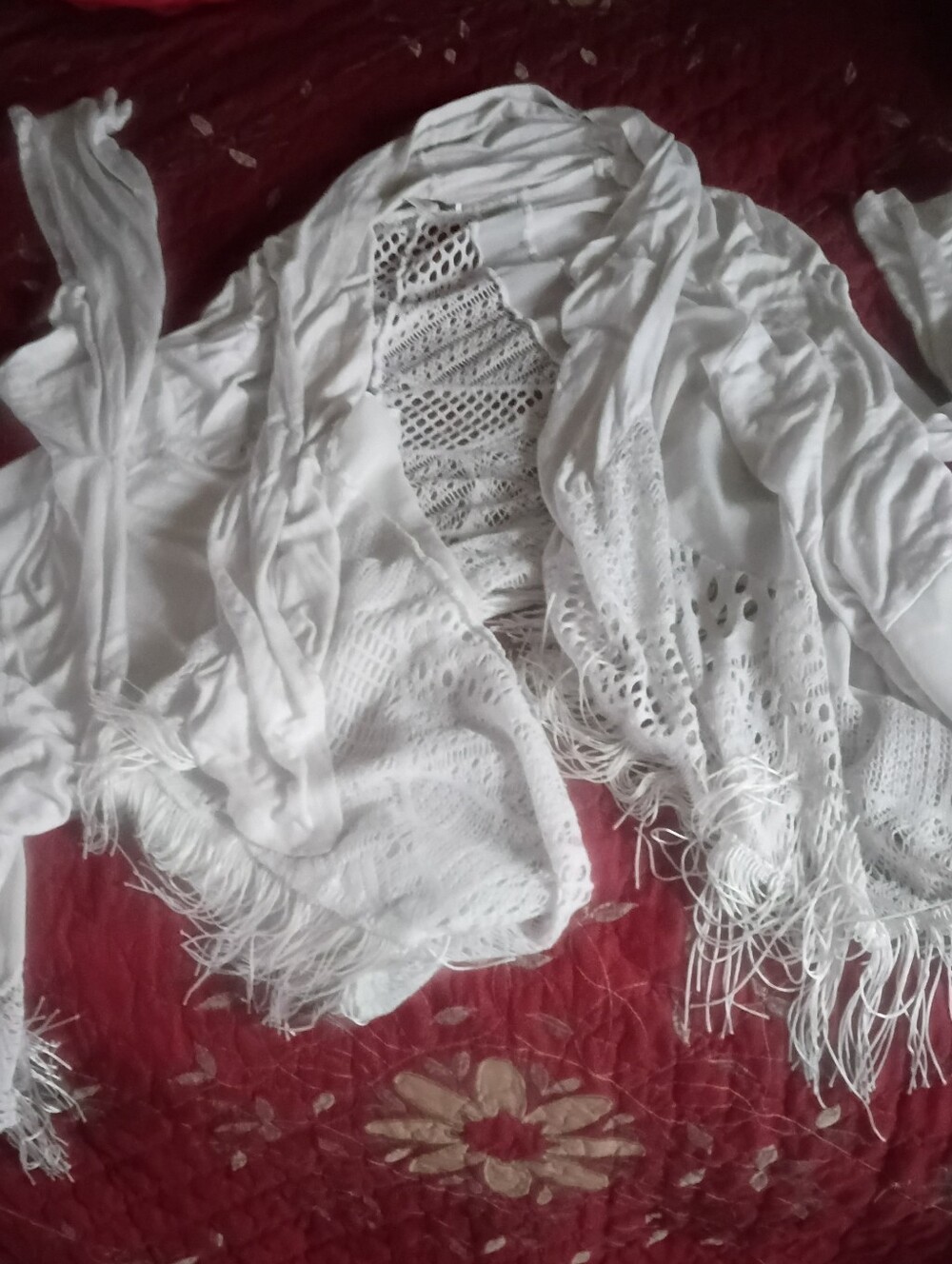 White Fringe Open-Front Crochet Shrug